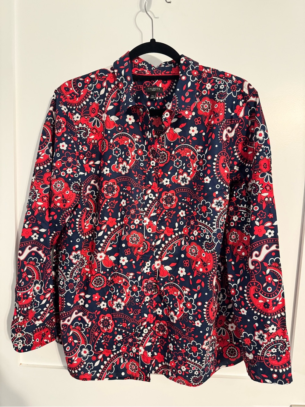 Talbots Navy Red White Paisley Floral Button-Down Shirt NWOT New PXL petite xL